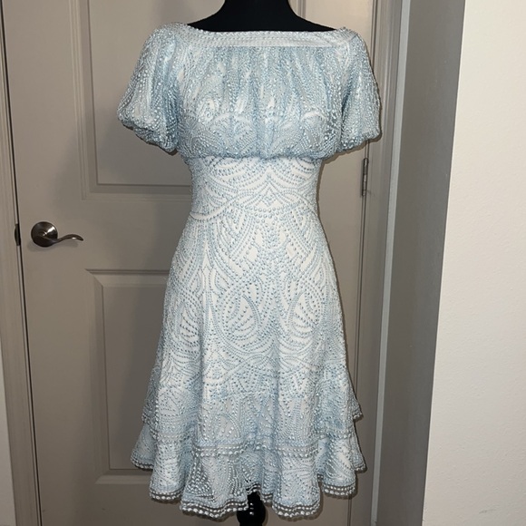 Tadashi Shoji Dresses & Skirts - Rare Tadashi Sohji Lace Puffed Sleeve Midi Dress in Baby Blue Navy/Nude- Size 00